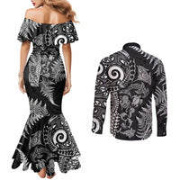 New Zealand Sea Animals Couples Matching Mermaid Dress and Long Sleeve Button Shirt with Maori Koru Tribal Tattoo and Silver Ferns Black Color LT03 - Polynesian Pride