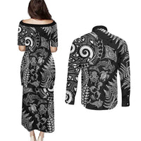 New Zealand Sea Animals Couples Matching Puletasi and Long Sleeve Button Shirt with Maori Koru Tribal Tattoo and Silver Ferns Black Color LT03 - Polynesian Pride