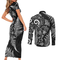 New Zealand Sea Animals Couples Matching Short Sleeve Bodycon Dress and Long Sleeve Button Shirt with Maori Koru Tribal Tattoo and Silver Ferns Black Color LT03 - Polynesian Pride