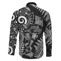New Zealand Sea Animals Family Matching Long Sleeve Bodycon Dress and Hawaiian Shirt with Maori Koru Tribal Tattoo and Silver Ferns Black Color LT03 - Polynesian Pride
