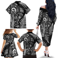 New Zealand Sea Animals Family Matching Off The Shoulder Long Sleeve Dress and Hawaiian Shirt with Maori Koru Tribal Tattoo and Silver Ferns Black Color LT03 - Polynesian Pride