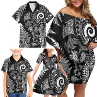 New Zealand Sea Animals Family Matching Off Shoulder Short Dress and Hawaiian Shirt with Maori Koru Tribal Tattoo and Silver Ferns Black Color LT03 - Polynesian Pride