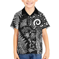 New Zealand Sea Animals Family Matching Short Sleeve Bodycon Dress and Hawaiian Shirt with Maori Koru Tribal Tattoo and Silver Ferns Black Color LT03 Son's Shirt Black - Polynesian Pride