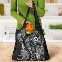 New Zealand Sea Animals Grocery Bag with Maori Koru Tribal Tattoo and Silver Ferns Black Color LT03 - Polynesian Pride