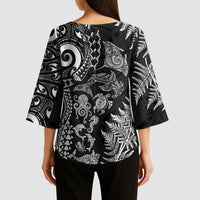 New Zealand Sea Animals Kimono Sleeve Blouse with Maori Koru Tribal Tattoo and Silver Ferns Black Color LT03 - Polynesian Pride