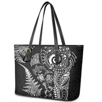 New Zealand Sea Animals Leather Tote Bag with Maori Koru Tribal Tattoo and Silver Ferns Black Color LT03 - Polynesian Pride