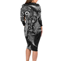 New Zealand Sea Animals Long Sleeve Bodycon Dress with Maori Koru Tribal Tattoo and Silver Ferns Black Color LT03 - Polynesian Pride