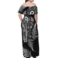 New Zealand Sea Animals Off Shoulder Maxi Dress with Maori Koru Tribal Tattoo and Silver Ferns Black Color LT03 - Polynesian Pride