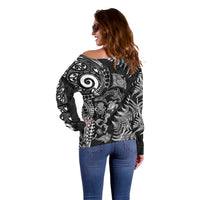 New Zealand Sea Animals Off Shoulder Sweater with Maori Koru Tribal Tattoo and Silver Ferns Black Color LT03 - Polynesian Pride