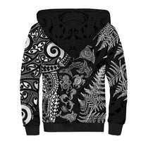 New Zealand Sea Animals Sherpa Hoodie with Maori Koru Tribal Tattoo and Silver Ferns Black Color LT03 - Polynesian Pride