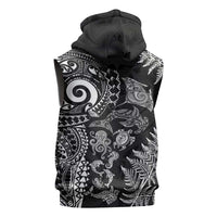 New Zealand Sea Animals Sleeveless Hoodie with Maori Koru Tribal Tattoo and Silver Ferns Black Color LT03 - Polynesian Pride