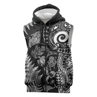 New Zealand Sea Animals Sleeveless Zip Hoodie with Maori Koru Tribal Tattoo and Silver Ferns Black Color LT03 Black - Polynesian Pride