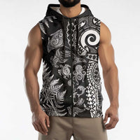 New Zealand Sea Animals Sleeveless Zip Hoodie with Maori Koru Tribal Tattoo and Silver Ferns Black Color LT03 - Polynesian Pride