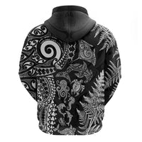 New Zealand Sea Animals Zip Hoodie with Maori Koru Tribal Tattoo and Silver Ferns Black Color LT03 - Polynesian Pride