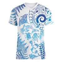 New Zealand Sea Animals Women V-Neck T-Shirt with Maori Koru Tribal Tattoo and Silver Ferns Galaxy Style LT03 Female Multicolor - Polynesian Pride