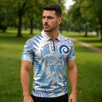 New Zealand Sea Animals Zipper Polo Shirt with Maori Koru Tribal Tattoo and Silver Ferns Galaxy Style LT03 - Polynesian Pride