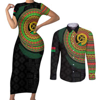 Vanuatu Tribal Tattoo with Namele Leaves Couples Matching Short Sleeve Bodycon Dress and Long Sleeve Button Shirt