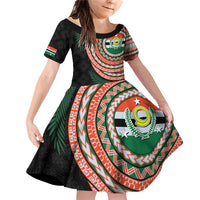 Penama Tribal Tattoo with Namele Leaves Family Matching Off Shoulder Short Dress and Hawaiian Shirt LT03 Daughter's Dress Black - Polynesian Pride
