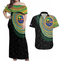 Tafea Tribal Tattoo with Namele Leaves Couples Matching Off Shoulder Maxi Dress and Hawaiian Shirt