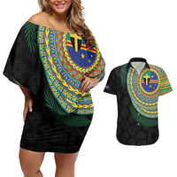 Tafea Tribal Tattoo with Namele Leaves Couples Matching Off Shoulder Short Dress and Hawaiian Shirt