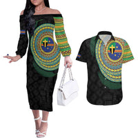 Tafea Tribal Tattoo with Namele Leaves Couples Matching Off The Shoulder Long Sleeve Dress and Hawaiian Shirt