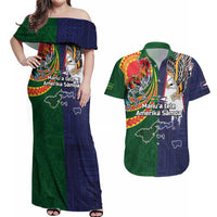 Manuʻa Islands and American Samoa Together Couples Matching Off Shoulder Maxi Dress and Hawaiian Shirt Rooster and Eagle Mascot National Map and Flag Style
