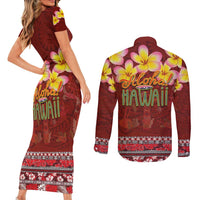 Aloha Plumeria Flowers Couples Matching Short Sleeve Bodycon Dress and Long Sleeve Button Shirt With Hawaiian Style Tapa Tribal