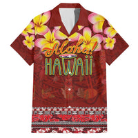 Aloha Plumeria Flowers Family Matching Puletasi and Hawaiian Shirt With Hawaiian Style Tapa Tribal LT03 Dad's Shirt - Short Sleeve Red - Polynesian Pride