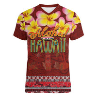 Aloha Plumeria Flowers Women V-Neck T-Shirt With Hawaiian Style Tapa Tribal LT03 Female Red - Polynesian Pride
