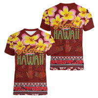 Aloha Plumeria Flowers Women V-Neck T-Shirt With Hawaiian Style Tapa Tribal LT03 - Polynesian Pride