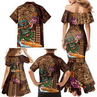 Hawaiian Tiki Mask Surfing Kakau Pattern Family Matching Mermaid Dress and Hawaiian Shirt