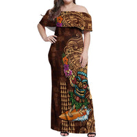 Hawaiian Tiki Mask Surfing Kakau Pattern Off Shoulder Maxi Dress