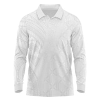 Niue White Sunday Long Sleeve Polo Shirt Hiapo Tribal Art Tattoos - Polynesian Pride