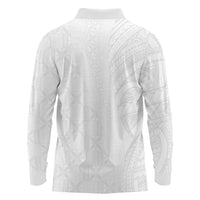 Niue White Sunday Long Sleeve Polo Shirt Hiapo Tribal Art Tattoos - Polynesian Pride