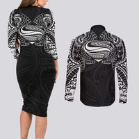 Super Samoan Traditional Tribal Art Tattoos Couples Matching Long Sleeve Bodycon Dress and Long Sleeve Button Shirt Black Color - Polynesian Pride