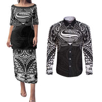 Super Samoan Traditional Tribal Art Tattoos Couples Matching Puletasi and Long Sleeve Button Shirt Black Color - Polynesian Pride