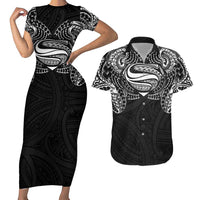 Super Samoan Traditional Tribal Art Tattoos Couples Matching Short Sleeve Bodycon Dress and Hawaiian Shirt Black Color - Polynesian Pride