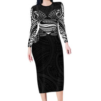 Super Samoan Traditional Tribal Art Tattoos Family Matching Long Sleeve Bodycon Dress and Hawaiian Shirt Black Color - Polynesian Pride