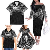 Super Samoan Traditional Tribal Art Tattoos Family Matching Off The Shoulder Long Sleeve Dress and Hawaiian Shirt Black Color - Polynesian Pride