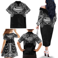 Super Samoan Traditional Tribal Art Tattoos Family Matching Off The Shoulder Long Sleeve Dress and Hawaiian Shirt Black Color - Polynesian Pride