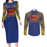 Super Samoan Traditional Tribal Art Tattoos Couples Matching Long Sleeve Bodycon Dress and Long Sleeve Button Shirt Blue Color - Polynesian Pride