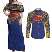 Super Samoan Traditional Tribal Art Tattoos Couples Matching Off Shoulder Maxi Dress and Long Sleeve Button Shirt Blue Color - Polynesian Pride