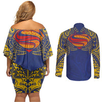 Super Samoan Traditional Tribal Art Tattoos Couples Matching Off Shoulder Short Dress and Long Sleeve Button Shirt Blue Color - Polynesian Pride