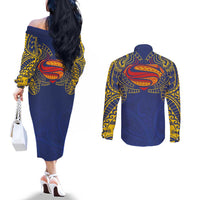 Super Samoan Traditional Tribal Art Tattoos Couples Matching Off The Shoulder Long Sleeve Dress and Long Sleeve Button Shirt Blue Color - Polynesian Pride