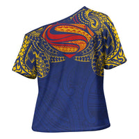Super Samoan Traditional Tribal Art Tattoos Cross Shoulder Shirt Blue Color - Polynesian Pride