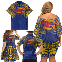 Super Samoan Traditional Tribal Art Tattoos Family Matching Off Shoulder Short Dress and Hawaiian Shirt Blue Color - Polynesian Pride