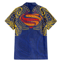 Super Samoan Traditional Tribal Art Tattoos Family Matching Short Sleeve Bodycon Dress and Hawaiian Shirt Blue Color - Polynesian Pride