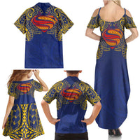 Super Samoan Traditional Tribal Art Tattoos Family Matching Summer Maxi Dress and Hawaiian Shirt Blue Color - Polynesian Pride