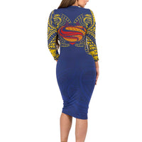 Super Samoan Traditional Tribal Art Tattoos Long Sleeve Bodycon Dress Blue Color - Polynesian Pride