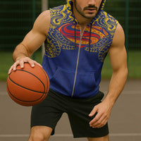 Super Samoan Traditional Tribal Art Tattoos Sleeveless Zip Hoodie Blue Color - Polynesian Pride